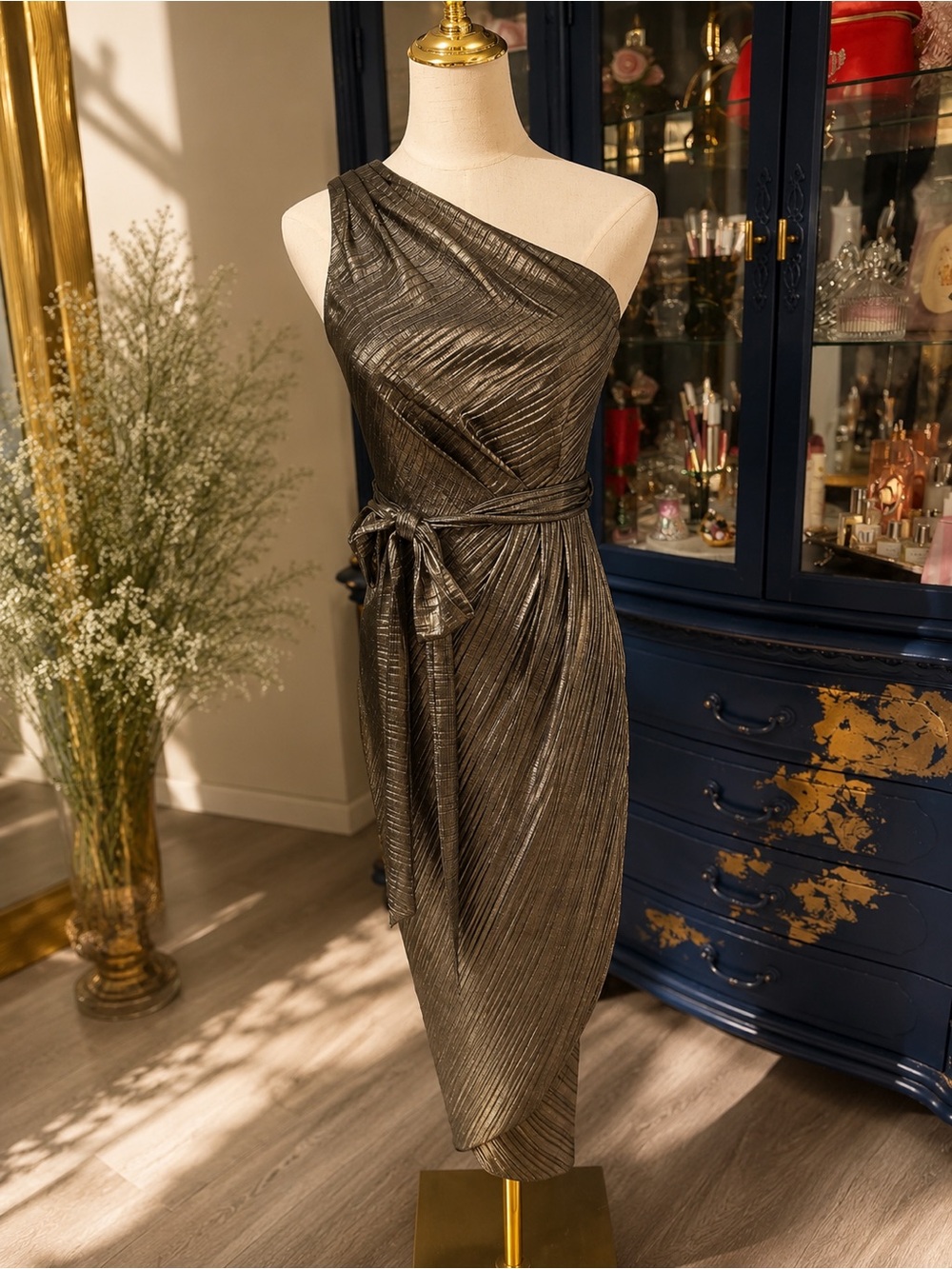 Ted Baker "Gabria" Metallic One-Shoulder Midi Dress